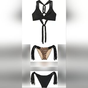 XS S VS Archives Swim Macrame Fringe Bralette Cheeky Bikini Set Black Leopard